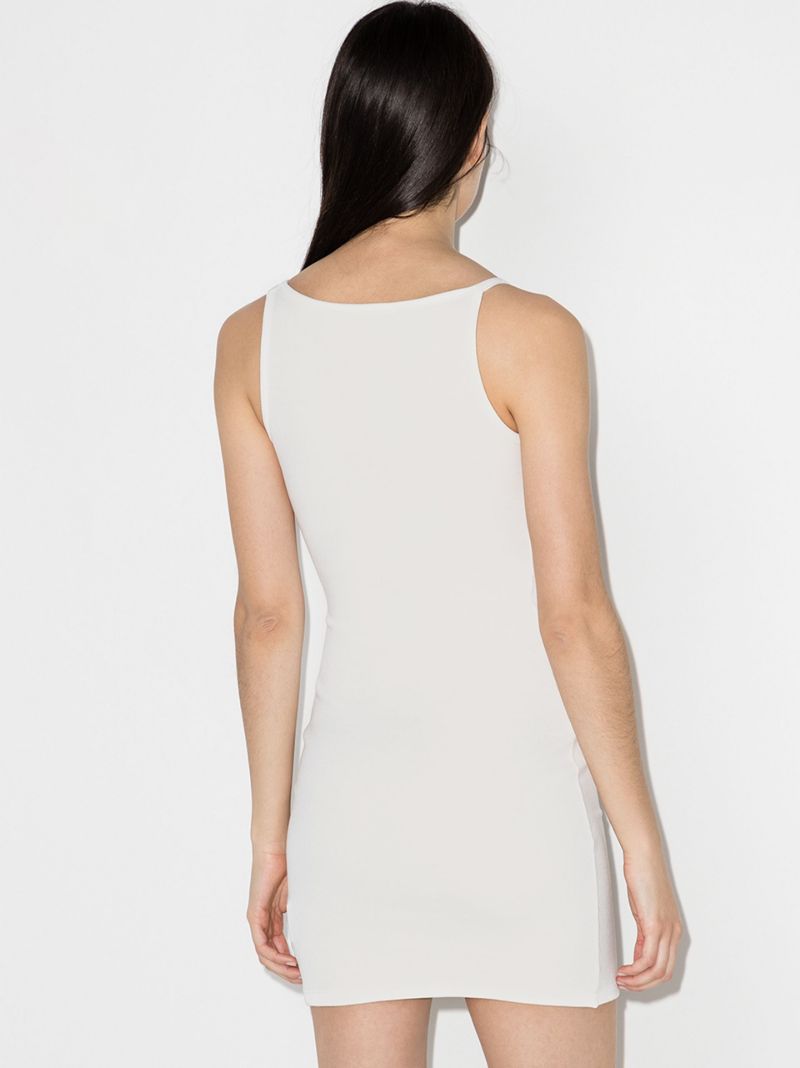 White Asymmetric Shoulder Logo Mini Dress