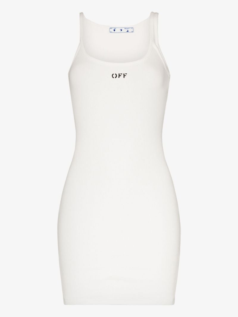 White Asymmetric Shoulder Logo Mini Dress