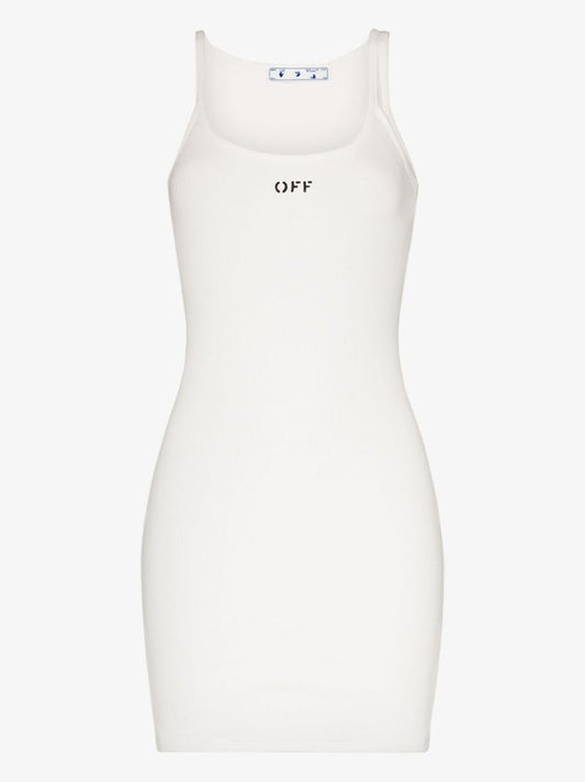 White Asymmetric Shoulder Logo Mini Dress