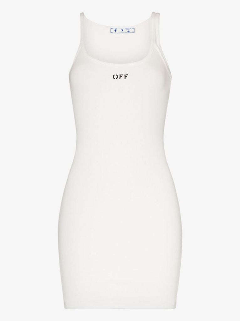 White Asymmetric Shoulder Logo Mini Dress