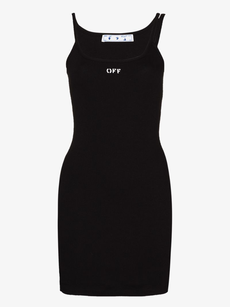 Black Asymmetric Shoulder Logo Mini Dress