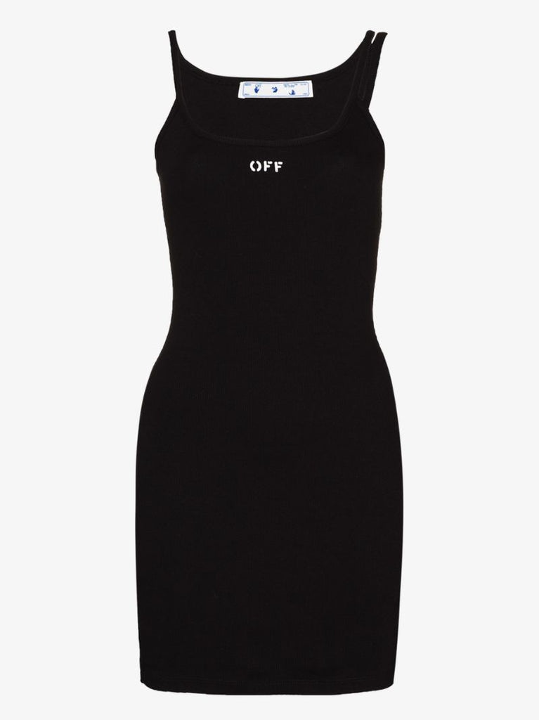 Black Asymmetric Shoulder Logo Mini Dress