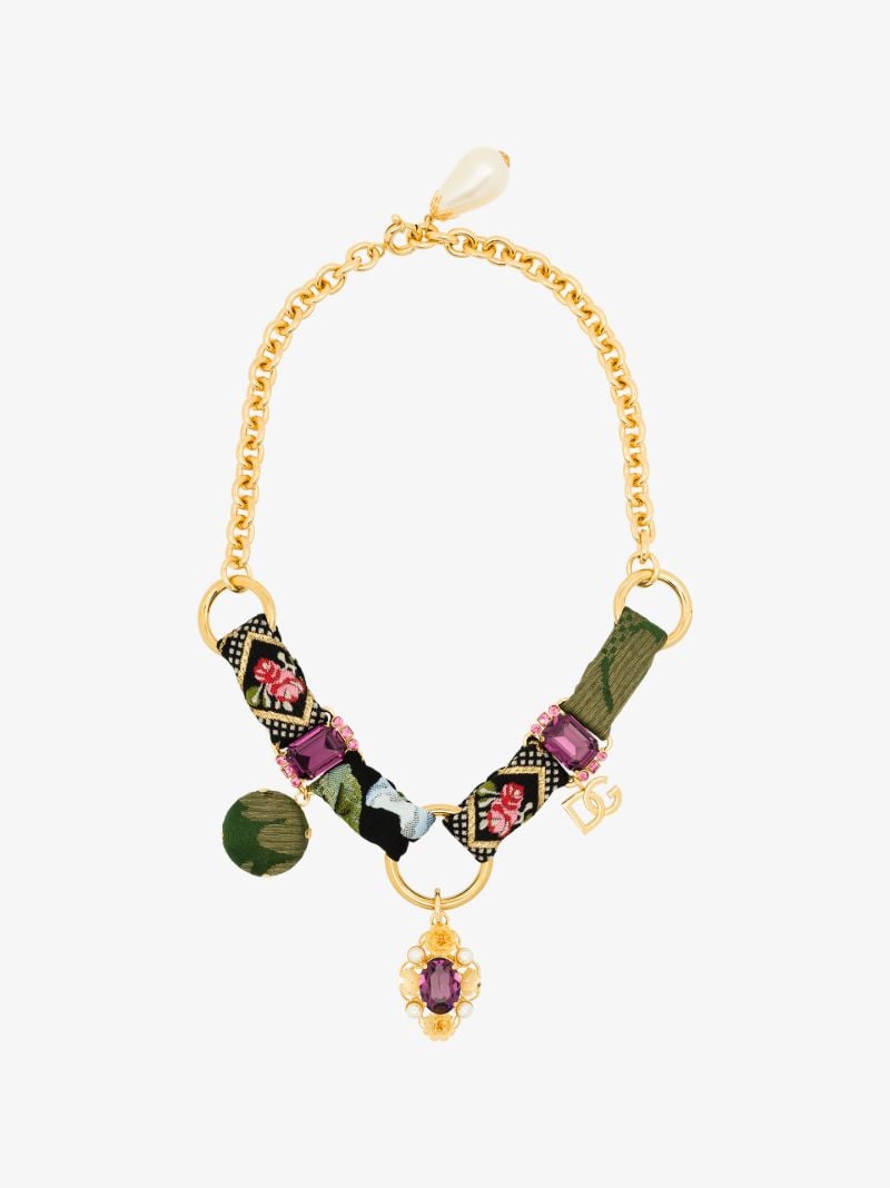 Gold Tone Jacquard Charm Necklace