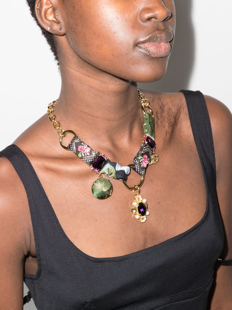 Gold Tone Jacquard Charm Necklace