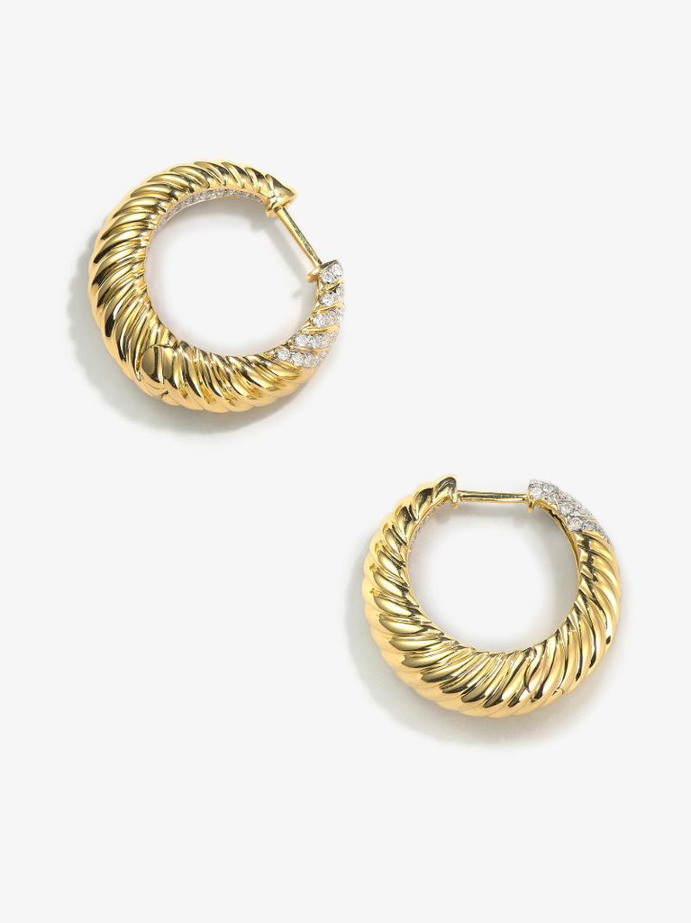 18k Yellow Gold Godrons Diamond Hoop Earrings