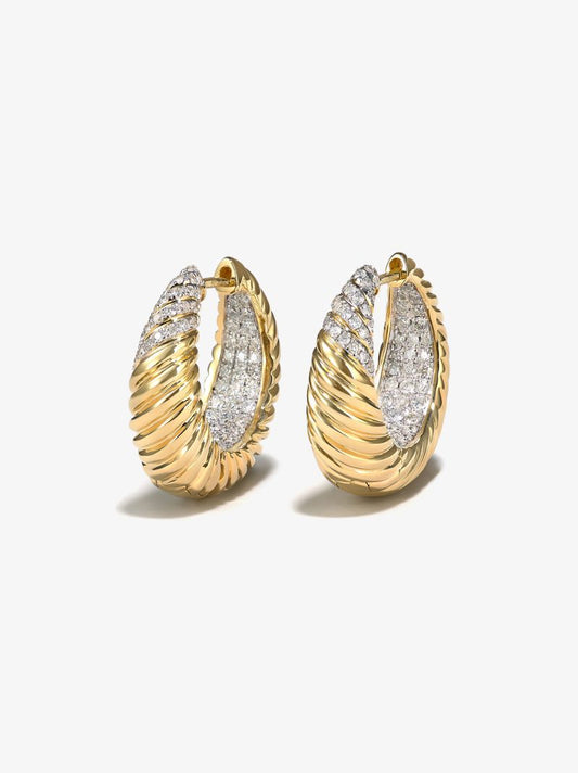 18k Yellow Gold Godrons Diamond Hoop Earrings