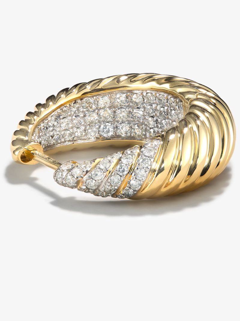 18k Yellow Gold Godrons Diamond Hoop Earrings