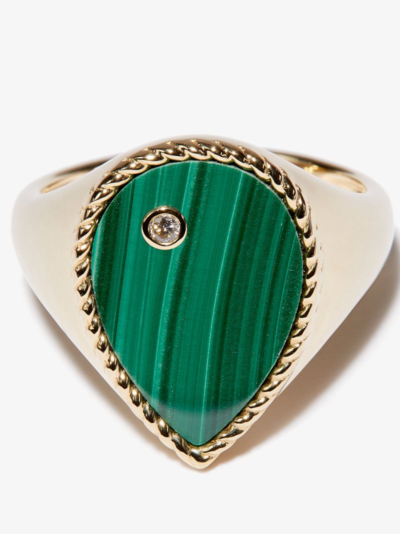 9k Yellow Gold Malachite Pear Diamond Signet Ring