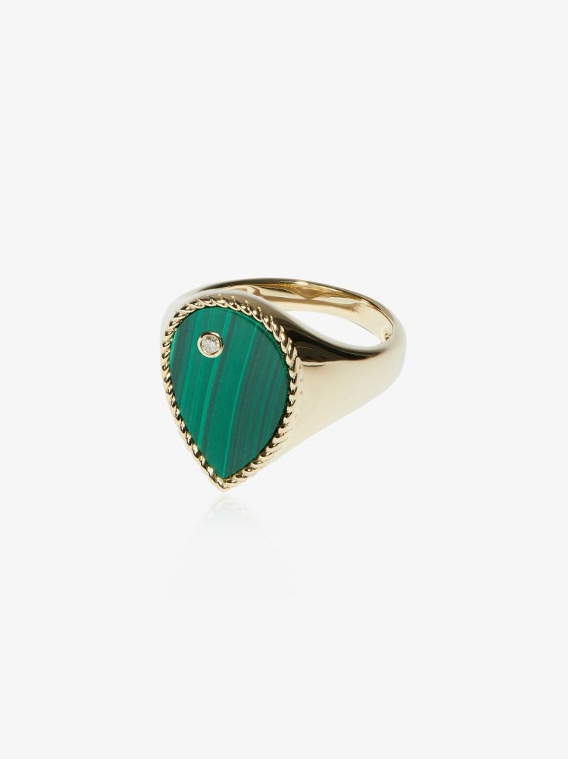 9k Yellow Gold Malachite Pear Diamond Signet Ring