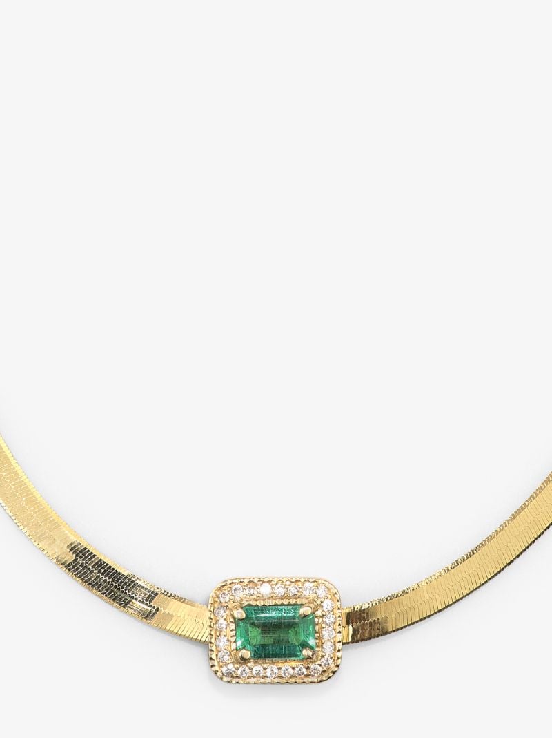14k Yellow Gold Herringbone Chain Emerald Diamond Necklace