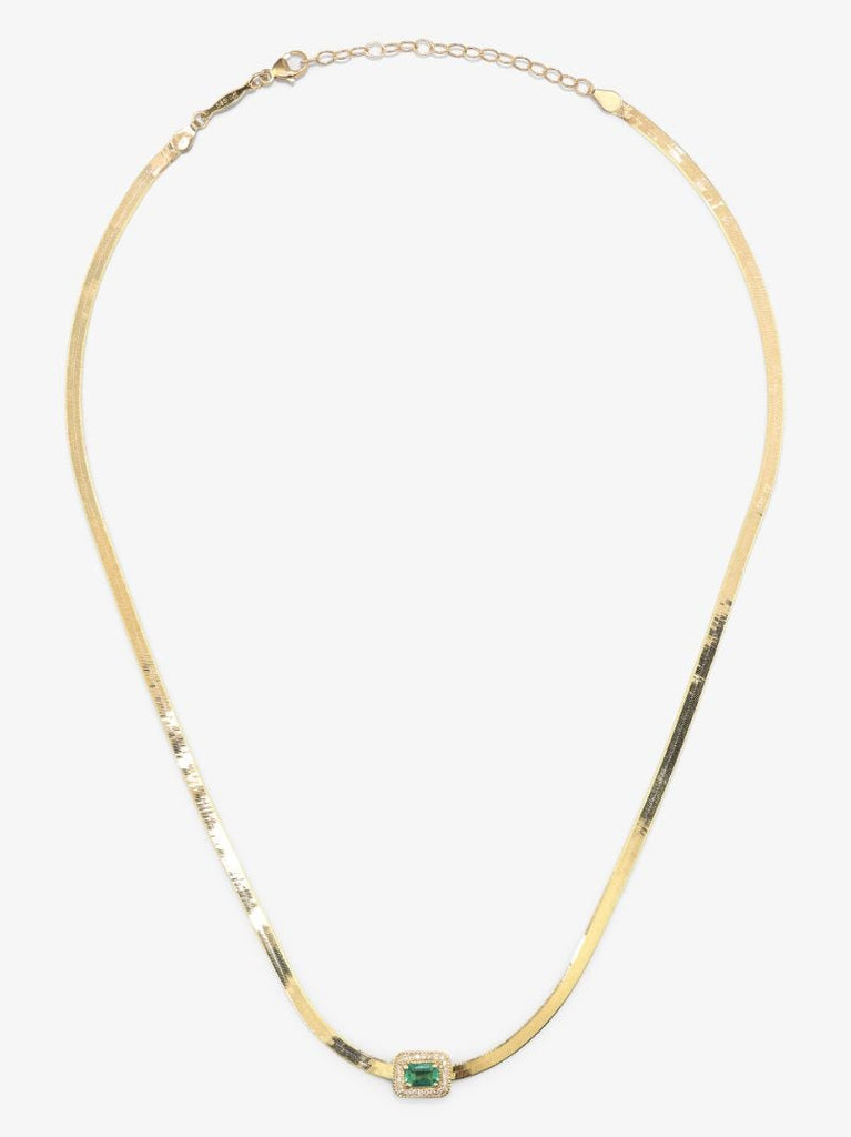 14k Yellow Gold Herringbone Chain Emerald Diamond Necklace