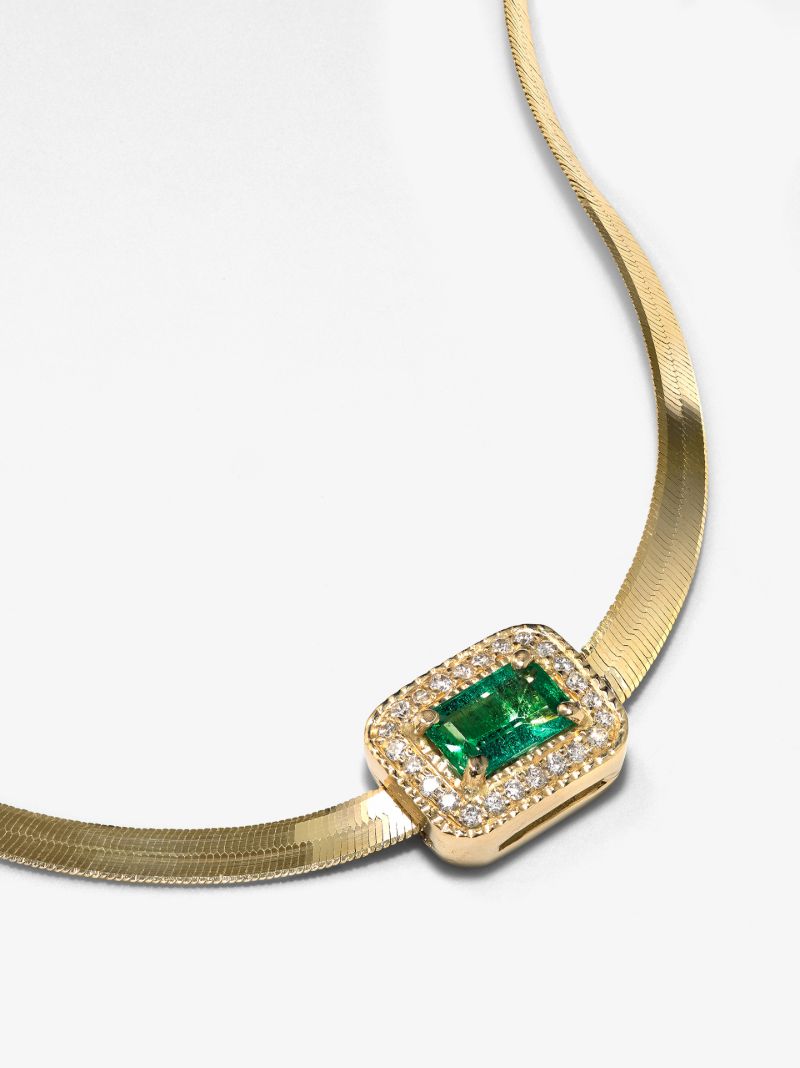 14k Yellow Gold Herringbone Chain Emerald Diamond Necklace