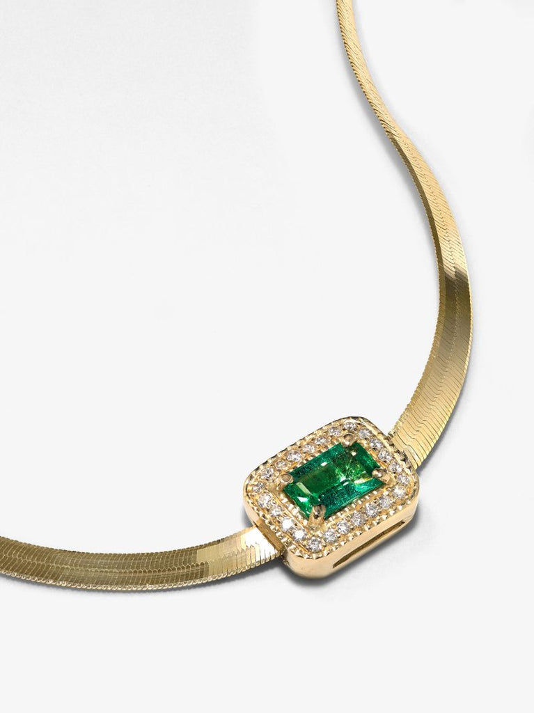 14k Yellow Gold Herringbone Chain Emerald Diamond Necklace