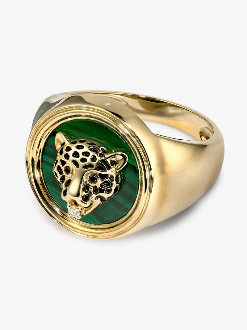 9k Yellow Gold Leopard Malachite Diamond Signet Ring