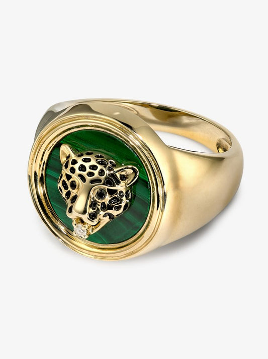 9k Yellow Gold Leopard Malachite Diamond Signet Ring