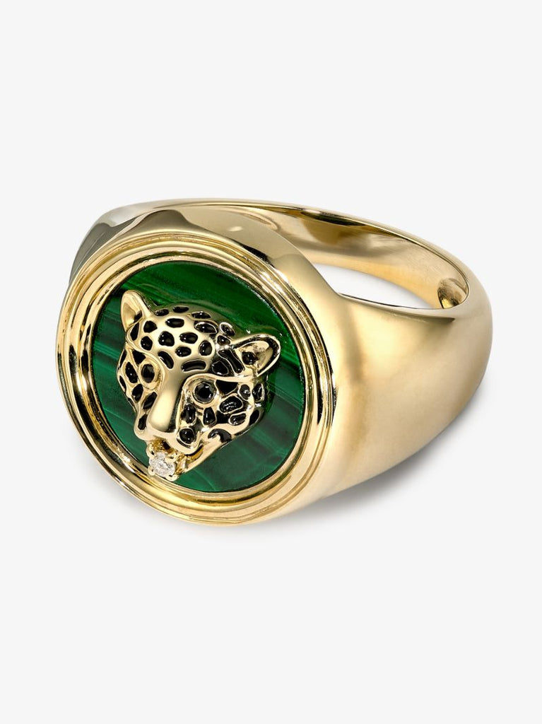 9k Yellow Gold Leopard Malachite Diamond Signet Ring