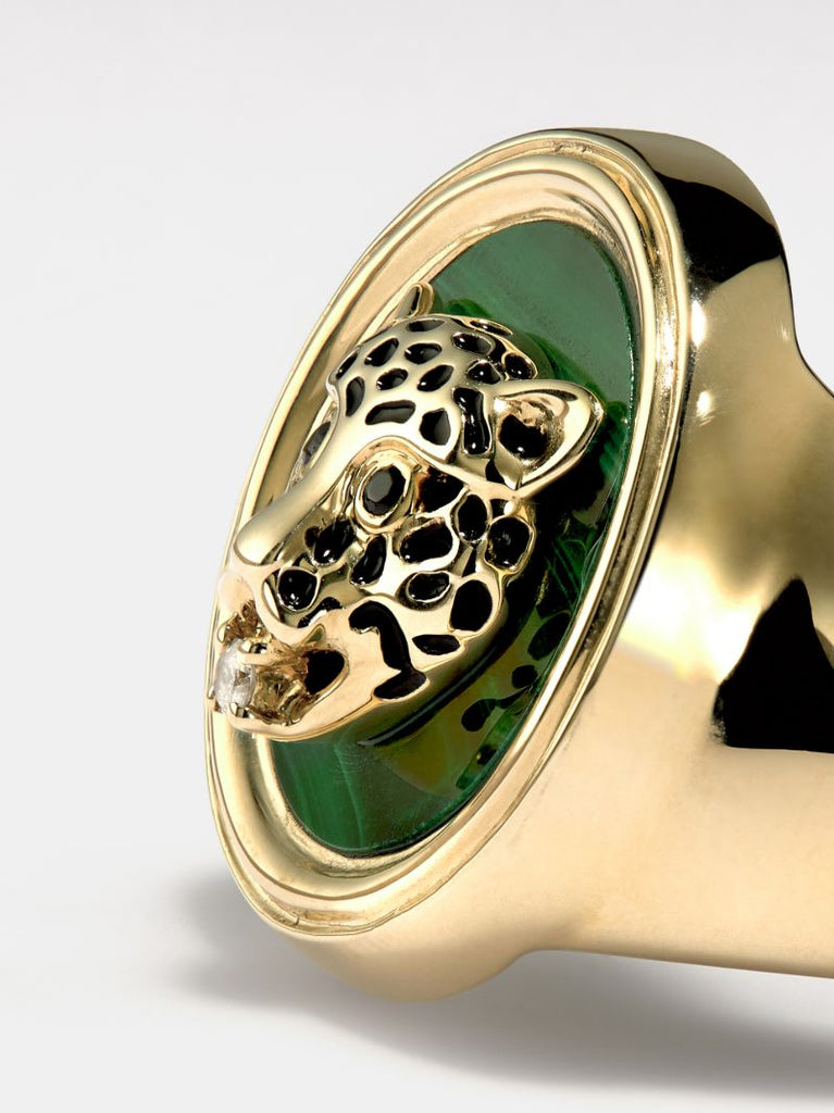 9k Yellow Gold Leopard Malachite Diamond Signet Ring