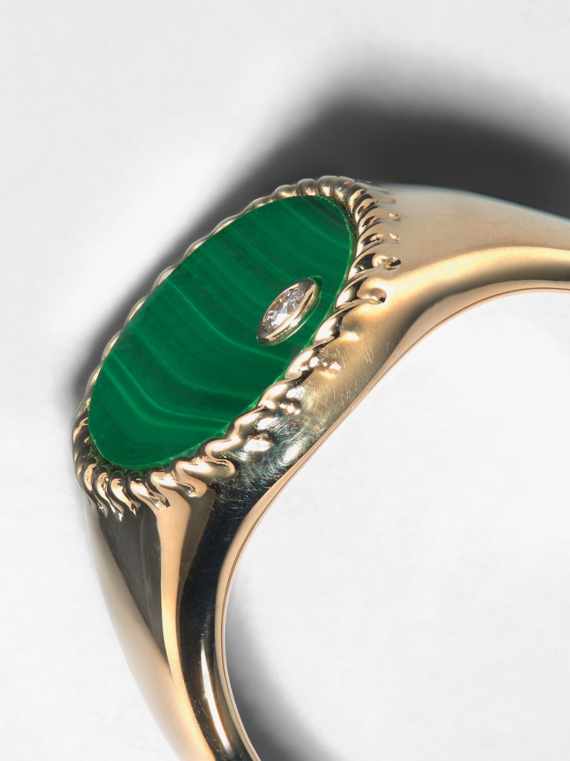 9k Yellow Gold Malachite and Diamond Signet Ring