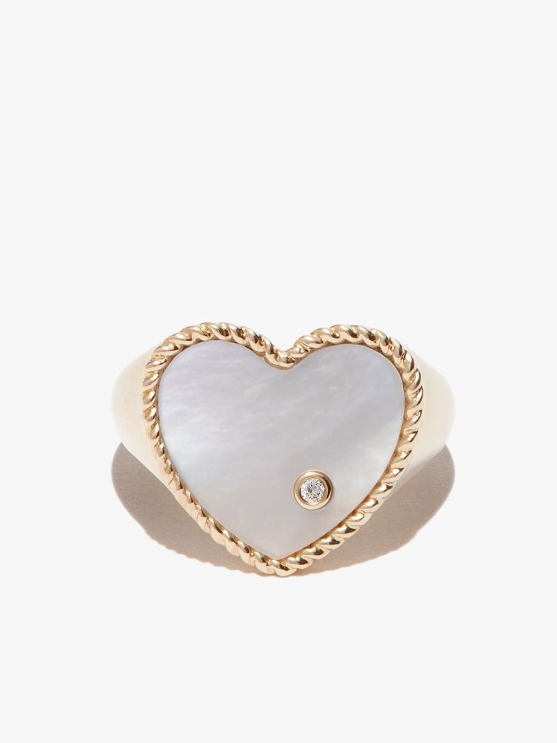 9k Yellow Gold Heart Pearl and Diamond Signet Ring