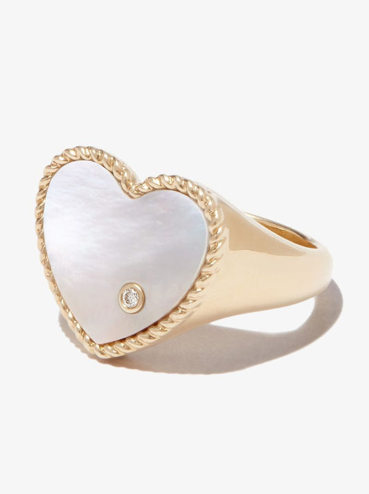 9k Yellow Gold Heart Pearl and Diamond Signet Ring