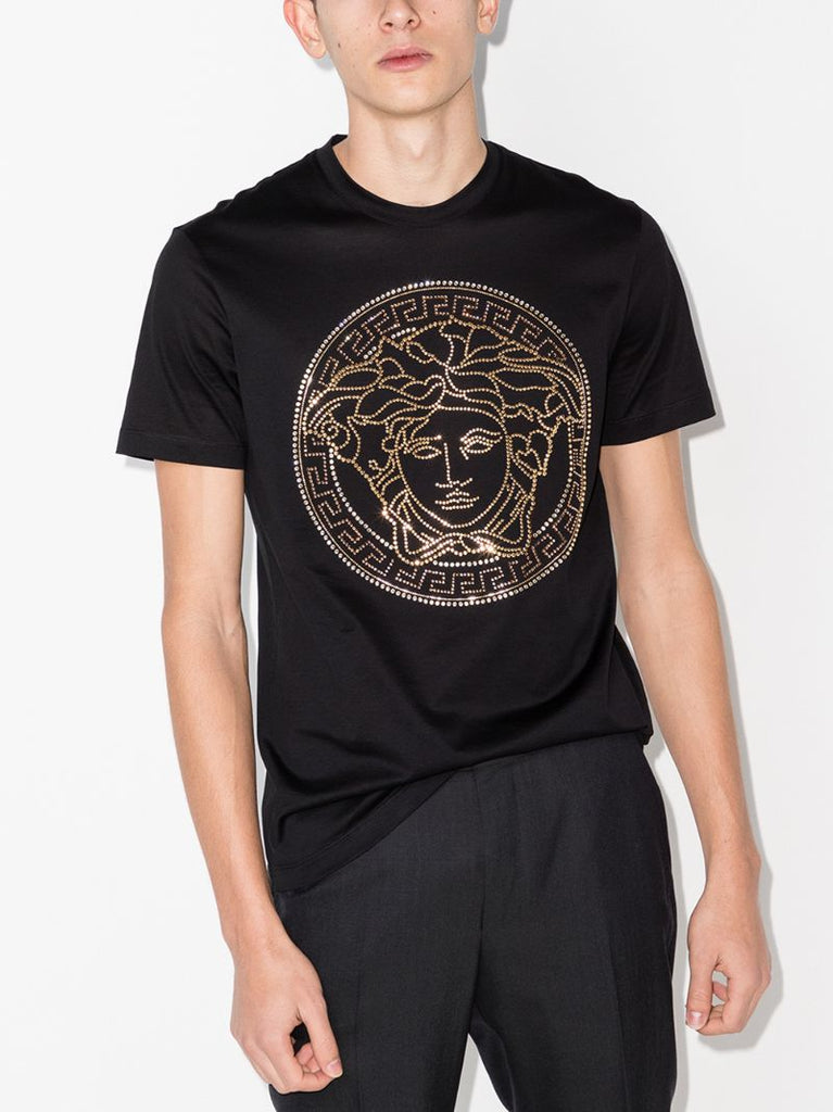 Black Embellished Medusa Logo T-shirt