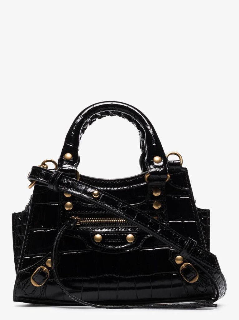 Black Neo Classic Mock Croc Top Handle Bag