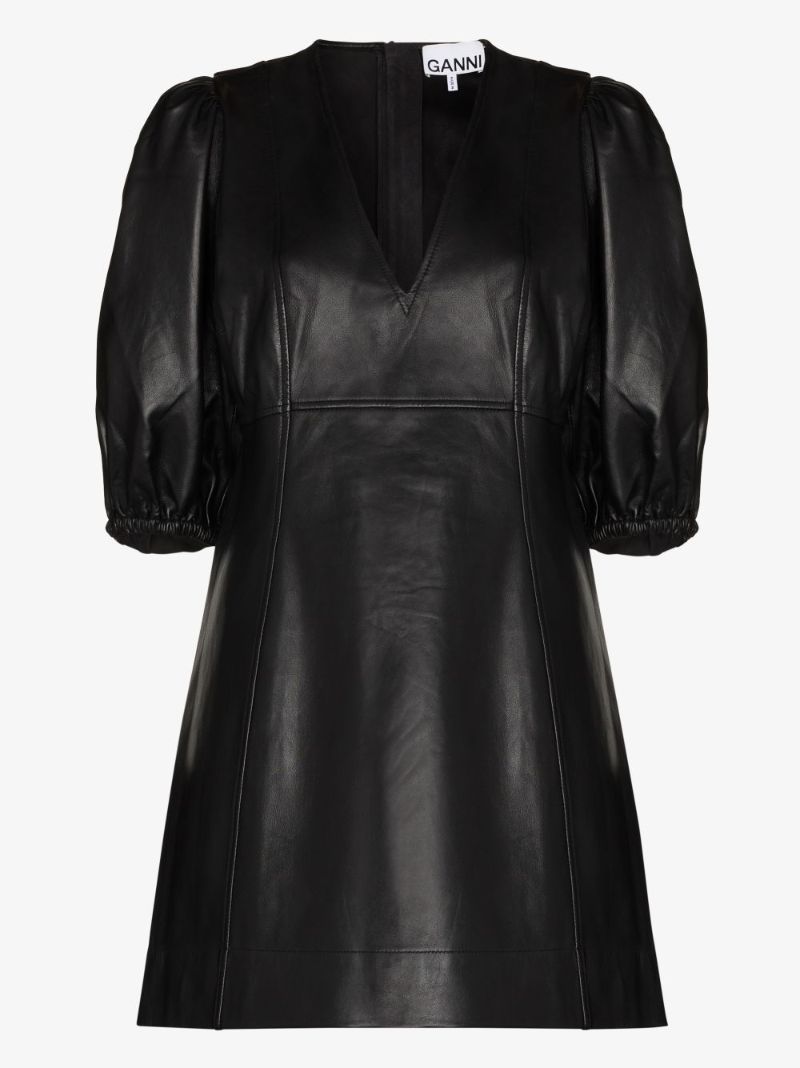 V-neck Puff-sleeve Leather Mini Dress