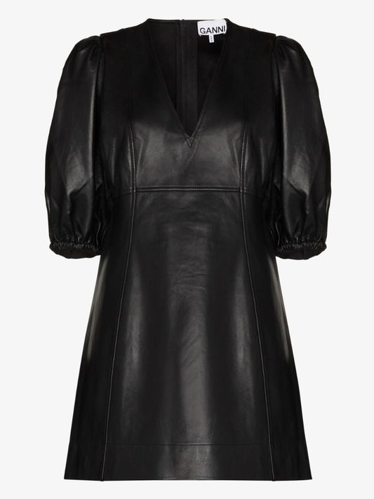 V-neck Puff-sleeve Leather Mini Dress