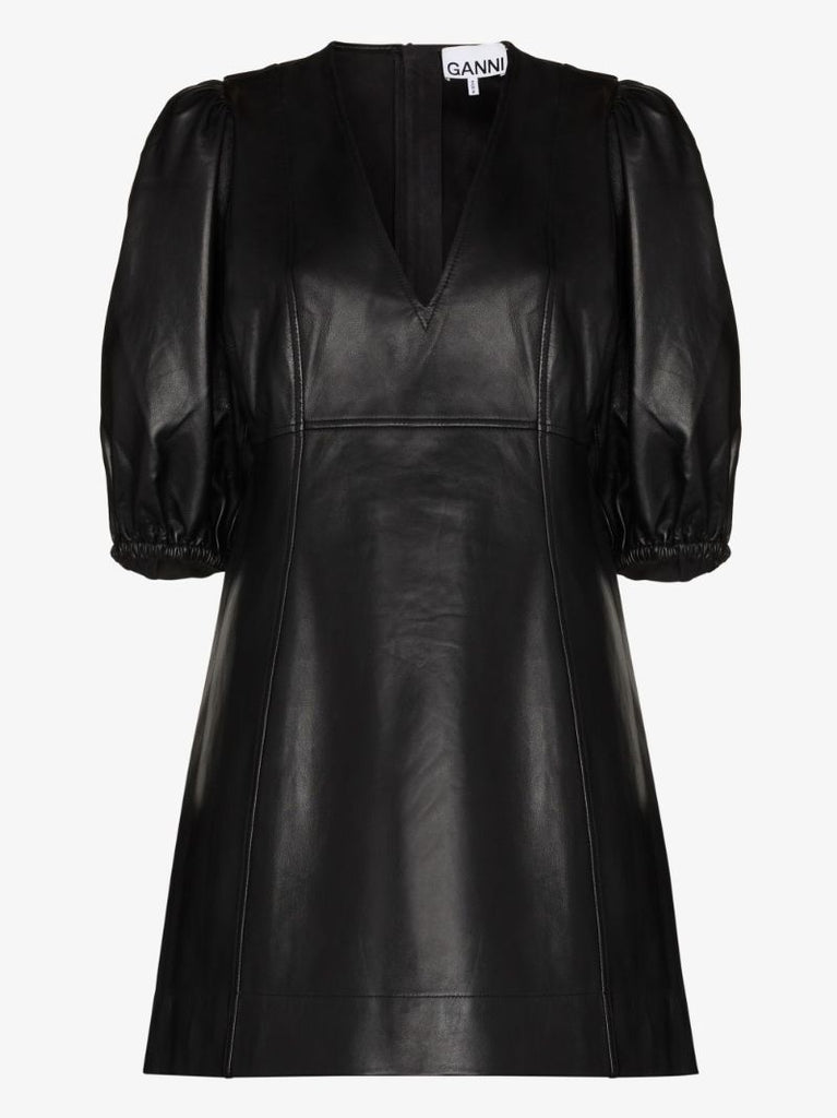 V-neck Puff-sleeve Leather Mini Dress