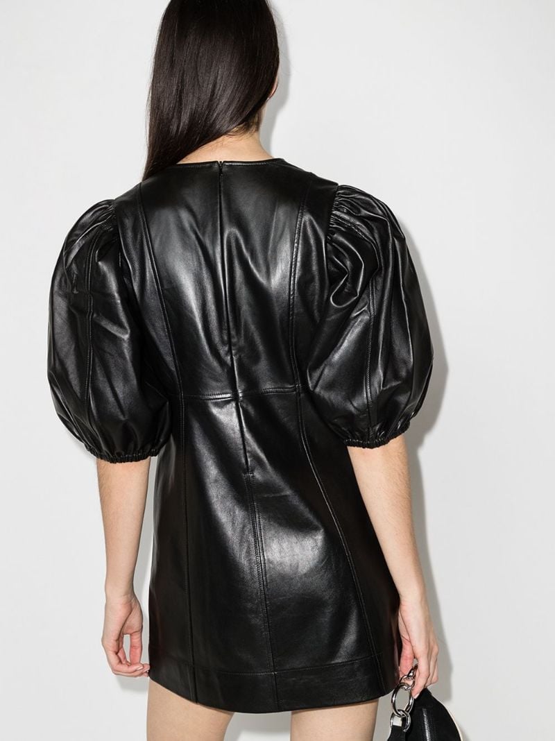 V-neck Puff-sleeve Leather Mini Dress