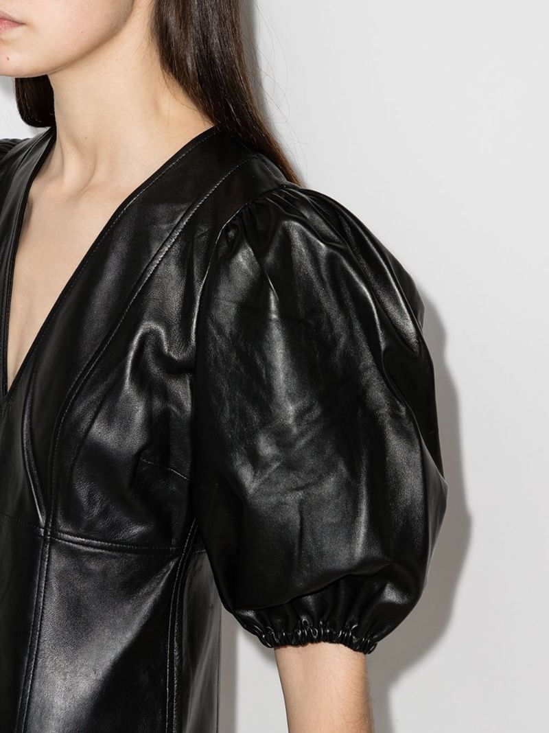 V-neck Puff-sleeve Leather Mini Dress