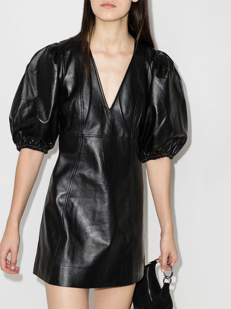 V-neck Puff-sleeve Leather Mini Dress