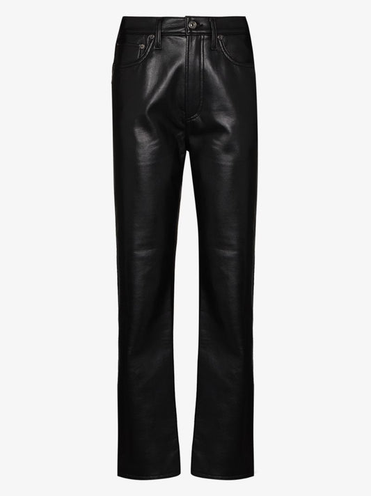 Black '90s Pinch Waist Leather Trousers