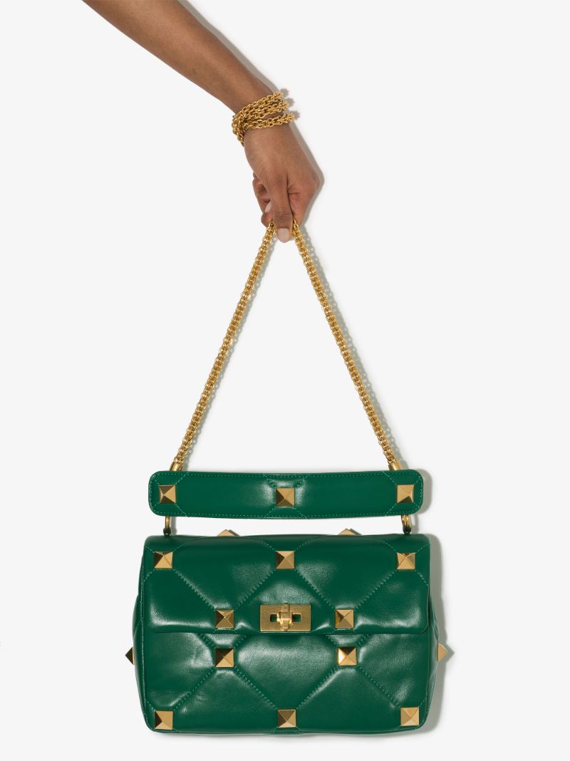 Green Roman Stud Medium Leather Shoulder Bag