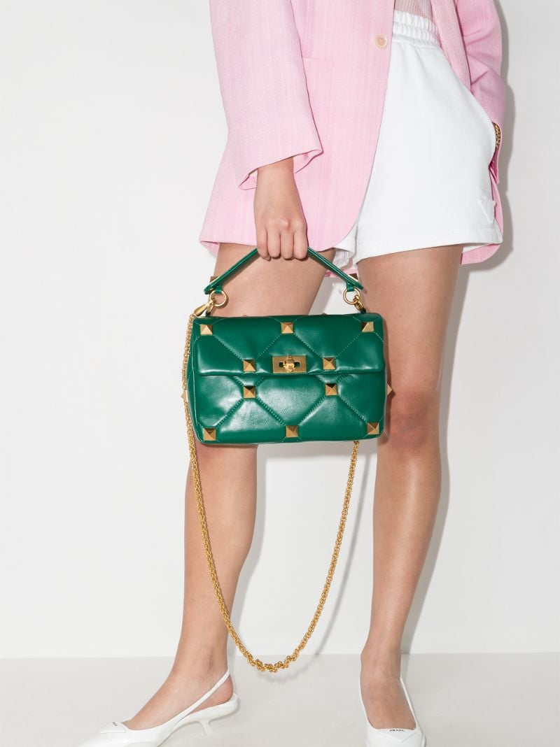 Green Roman Stud Medium Leather Shoulder Bag