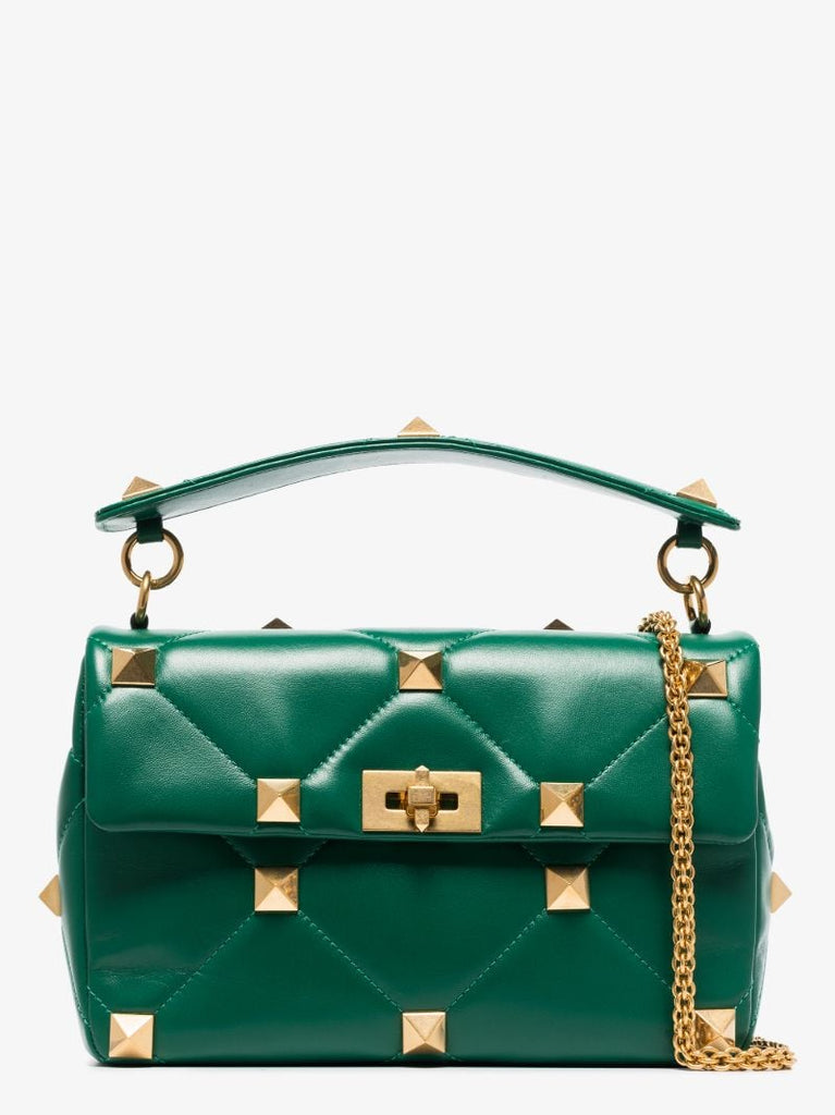 Green Roman Stud Medium Leather Shoulder Bag