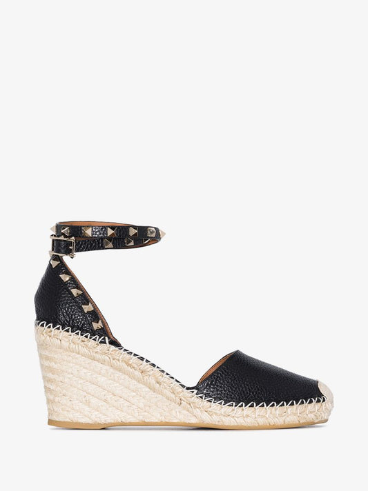 Black Rockstud 85 Leather Wedge Espadrilles