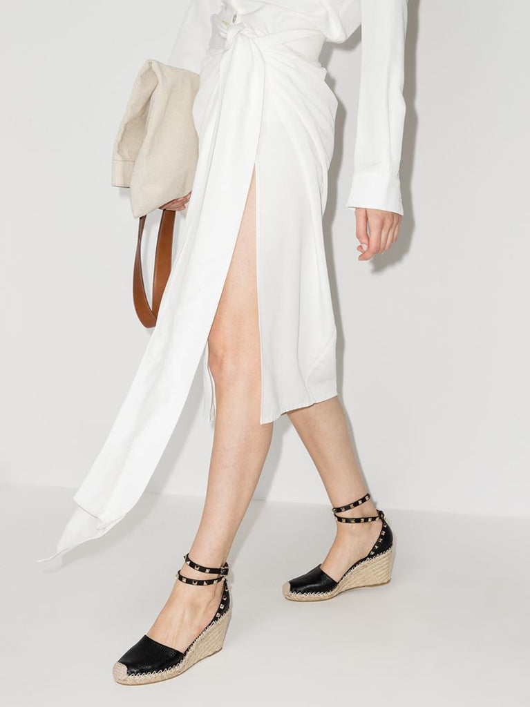 Black Rockstud 85 Leather Wedge Espadrilles