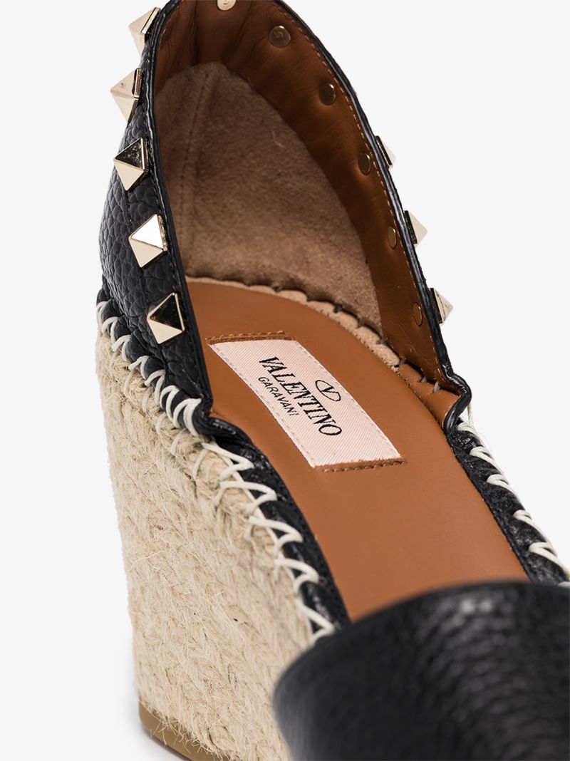 Black Rockstud 85 Leather Wedge Espadrilles
