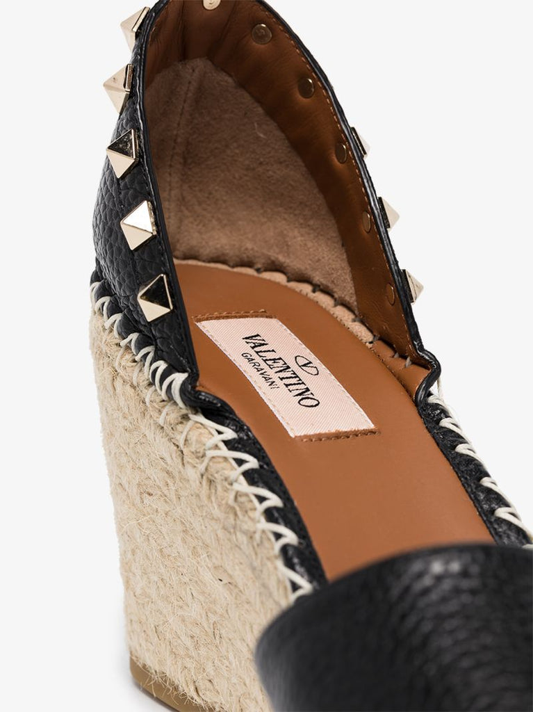 Black Rockstud 85 Leather Wedge Espadrilles