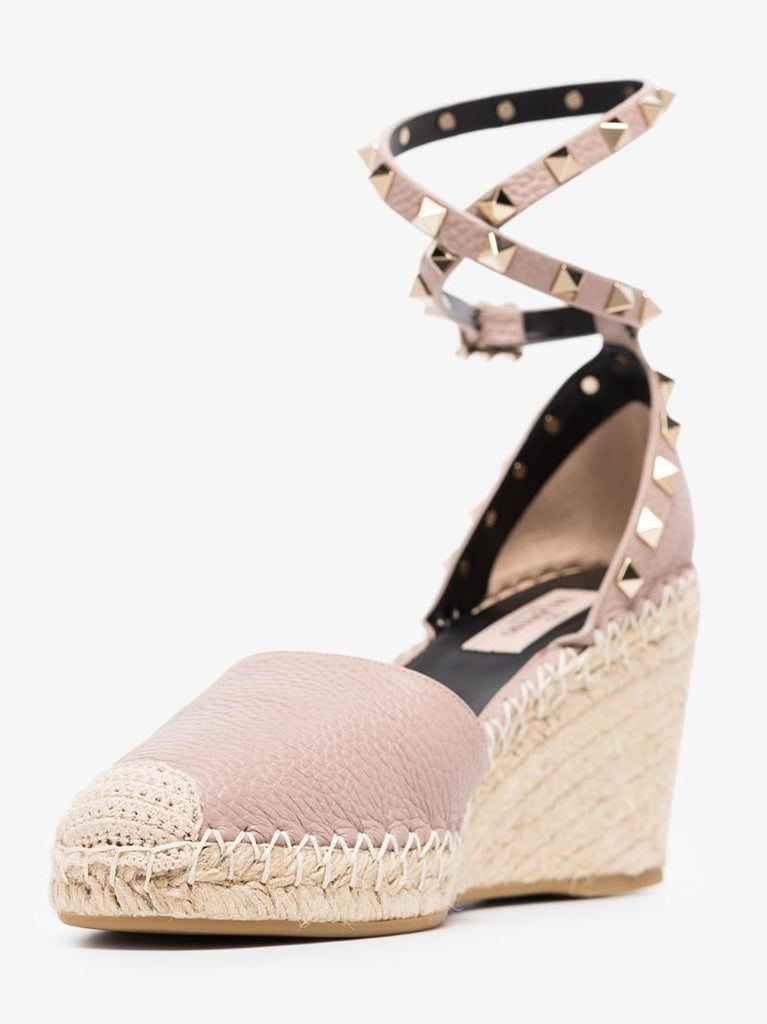 Neutral Rockstud 85 Leather Wedge Espadrilles