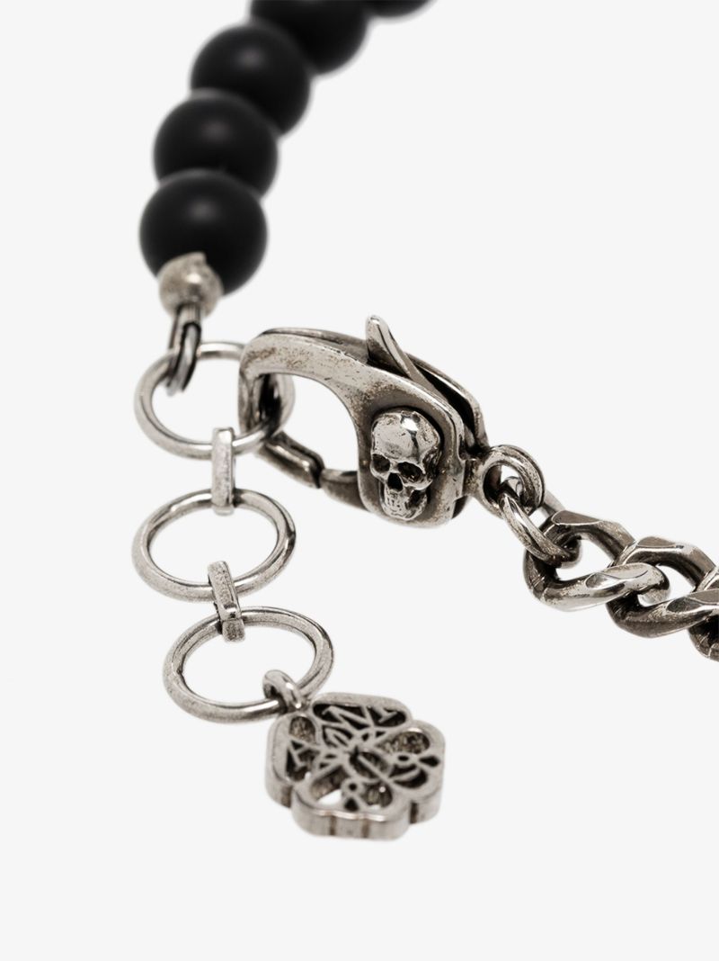 Silver and Black Skull Beaded Chain Bracelet