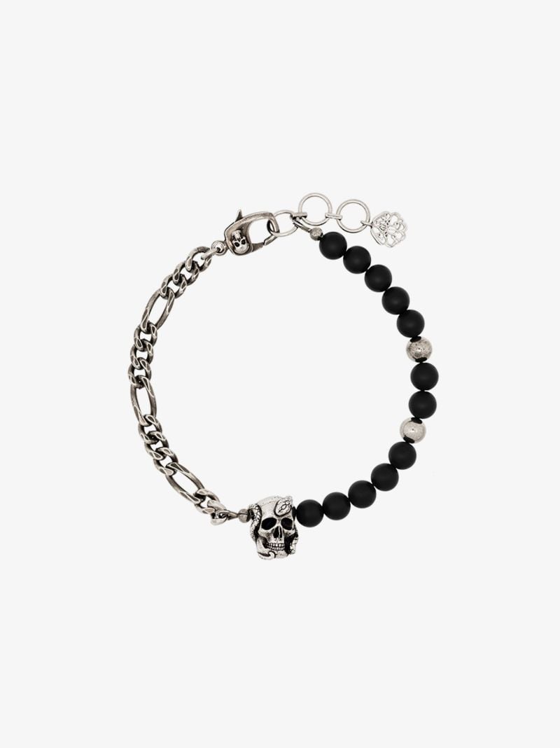 Silver and Black Skull Beaded Chain Bracelet