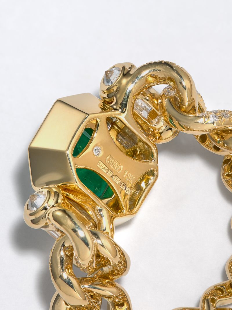 18k Yellow Gold Halo Link Emerald Diamond Ring