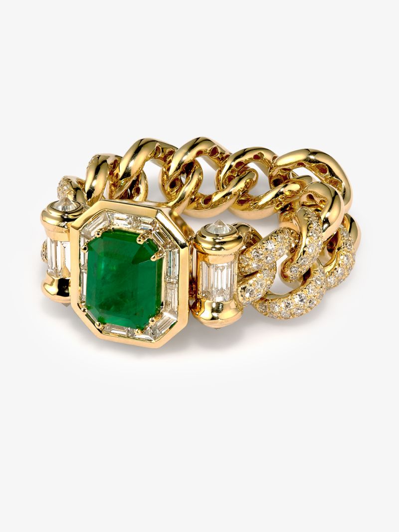 18k Yellow Gold Halo Link Emerald Diamond Ring