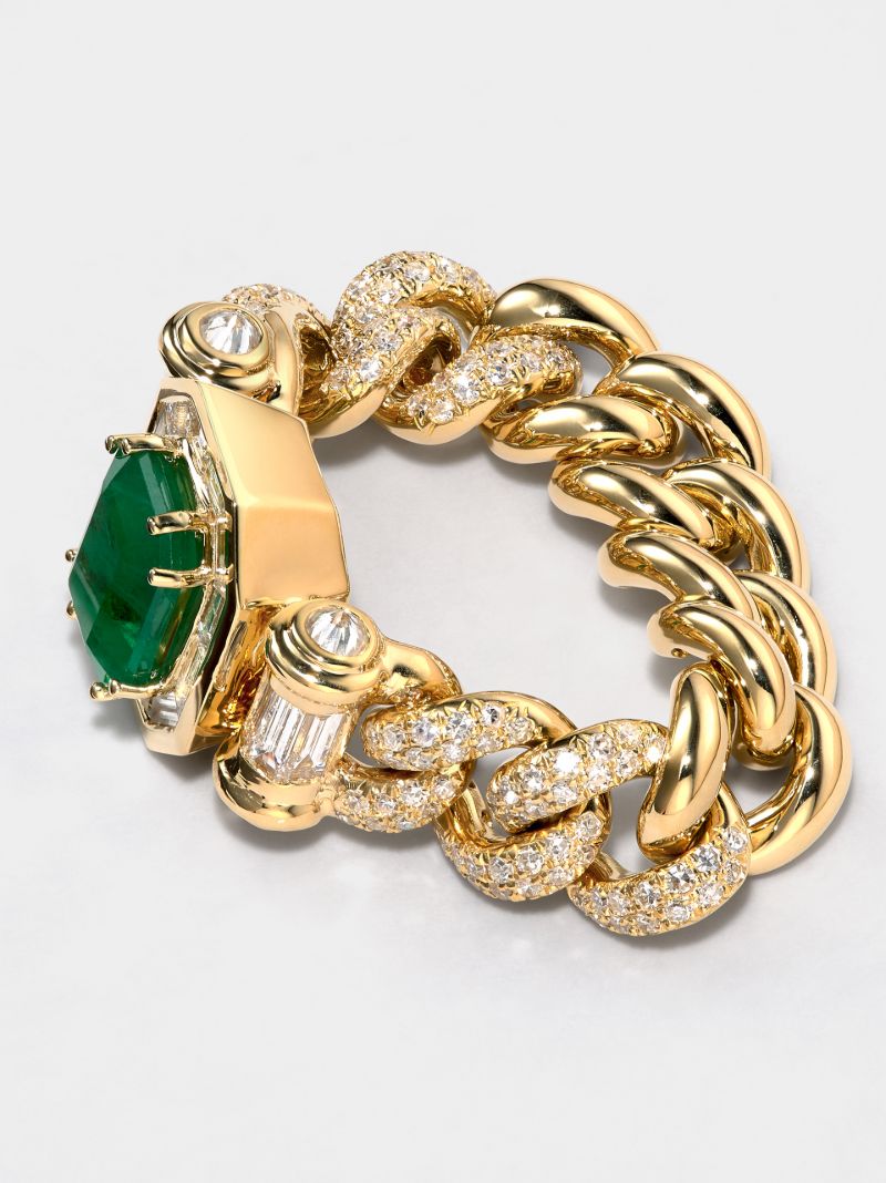 18k Yellow Gold Halo Link Emerald Diamond Ring