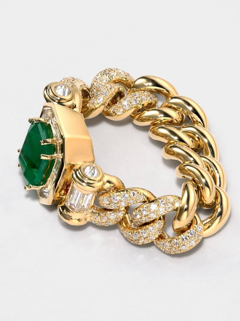 18k Yellow Gold Halo Link Emerald Diamond Ring