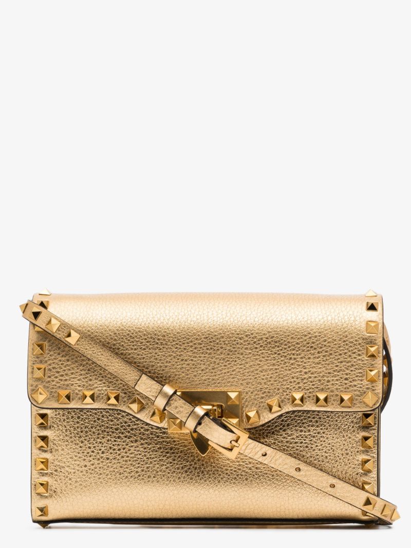 Gold Rockstud Leather Shoulder Bag
