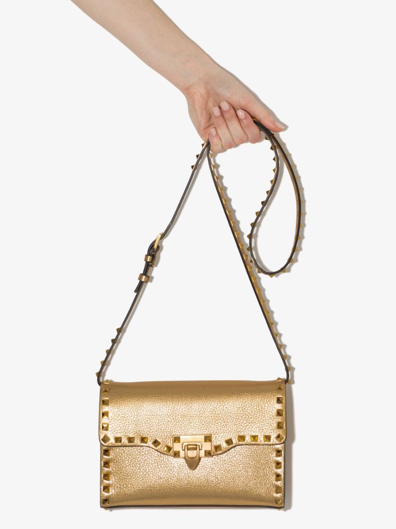 Gold Rockstud Leather Shoulder Bag