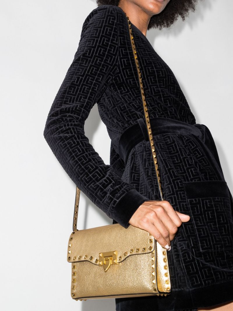 Gold Rockstud Leather Shoulder Bag